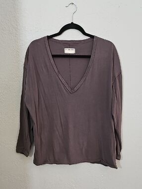 We The Free Nina Tee Long Sleeve V-neck Brown 100% Cotton Womens Small Oversized
